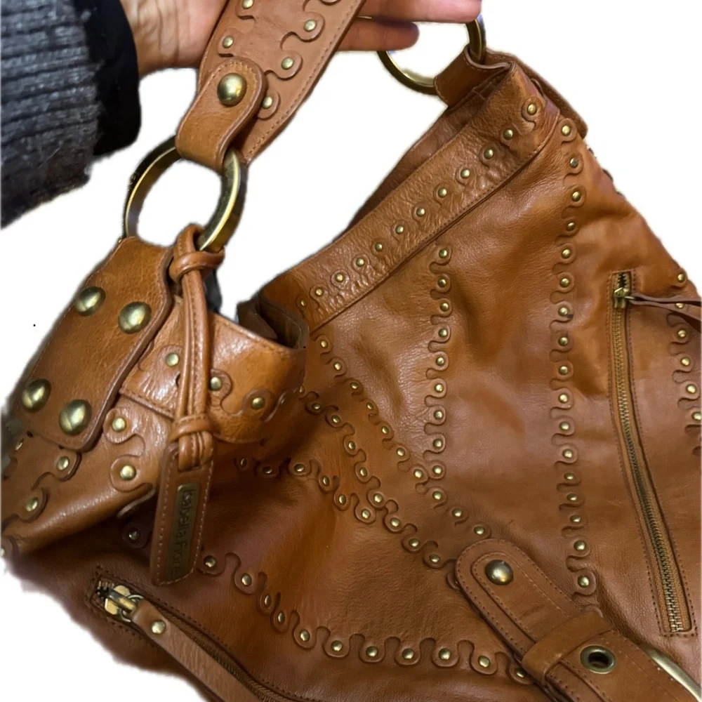 Isabella Fiore Carina Metal of Honor Stud Muffin Hobo Cognac Leather Bag - Picture 10 of 10